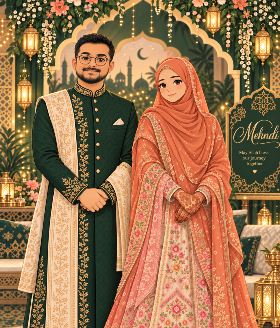 Illustration of Psyche and Mohammed dressed for their Mehndi celebration